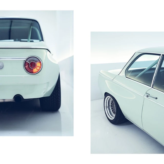 Light green BMW coupe studio shot showing rear and side views, highlighting the car's design, tires, and clean, minimalist environment.