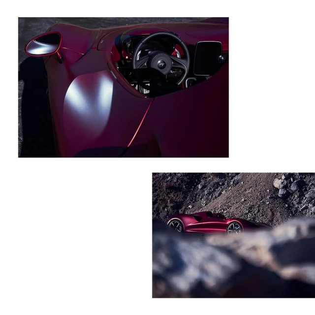 A red luxury sports car is seen indoors with a close-up view of the interior and a wider view of the car on a rocky landscape.