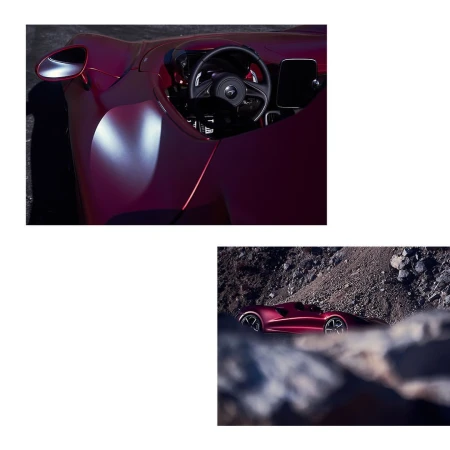 A red luxury sports car is seen indoors with a close-up view of the interior and a wider view of the car on a rocky landscape.