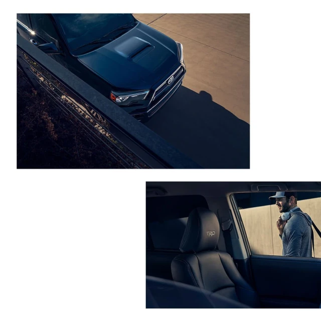 Front of a dark blue Toyota 4Runner SUV parked on a concrete surface, complemented by a view of the car's interior with a man near it.