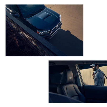 Front of a dark blue Toyota 4Runner SUV parked on a concrete surface, complemented by a view of the car's interior with a man near it.