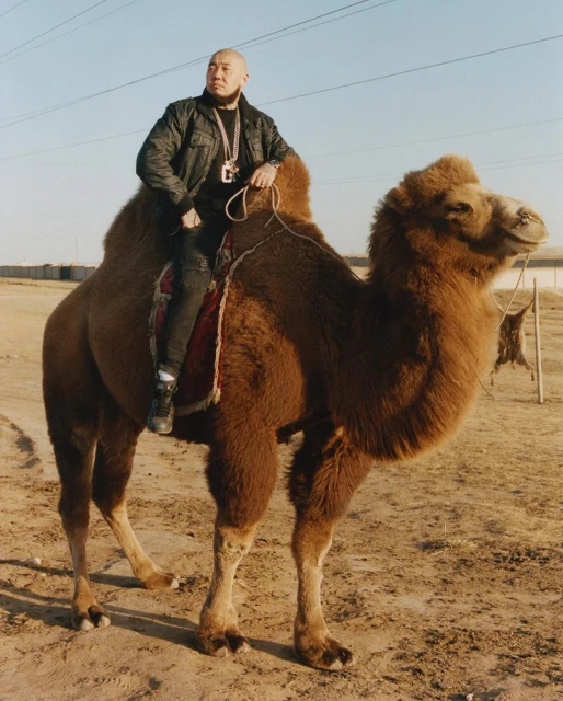 A bald adult man rides a brown camel in a sandy, rural environment. He wears a black jacket, dark jeans and white sneakers.