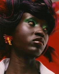 Close-up portrait of a woman with vibrant green eyeshadow, dark styled hair, and a red flower earring against a red backdrop.