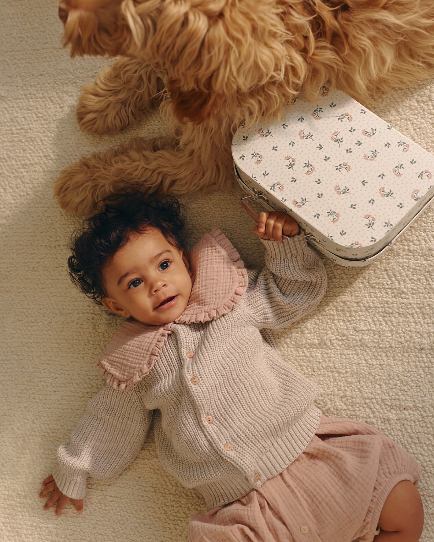 Adorable infant girl in a ruffled collar sweater lies on a textured rug with a golden dog and floral patterned box alongside her.