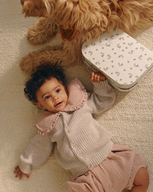 Overhead shot of a baby lying on a rug next to a tan dog and a small floral suitcase. The baby wears a pink cardigan and shorts.