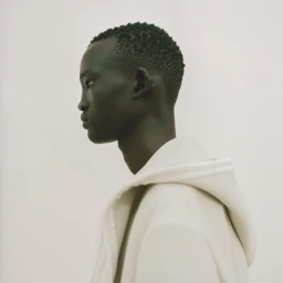 Profile portrait of a black man wearing a white hooded top against a plain light background by Alex Franco