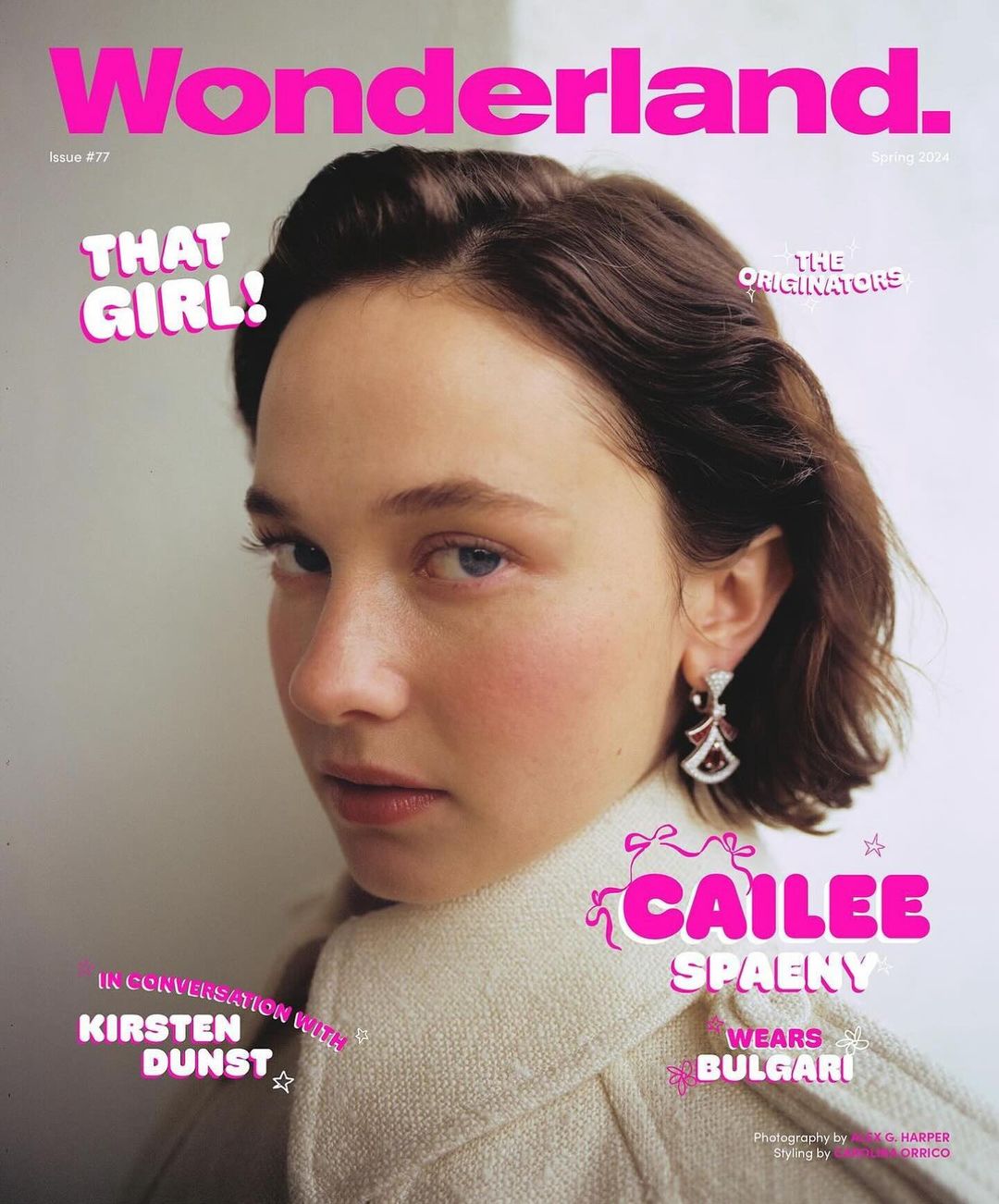 Magazine cover featuring Cailee Spaeny with pink Wonderland logo. Spaeny wears Bulgari jewelry and a cream-colored textured jacket.