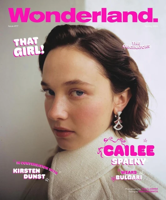 Magazine cover featuring Cailee Spaeny with pink Wonderland logo.  Spaeny wears Bulgari jewelry and a cream-colored textured jacket.
