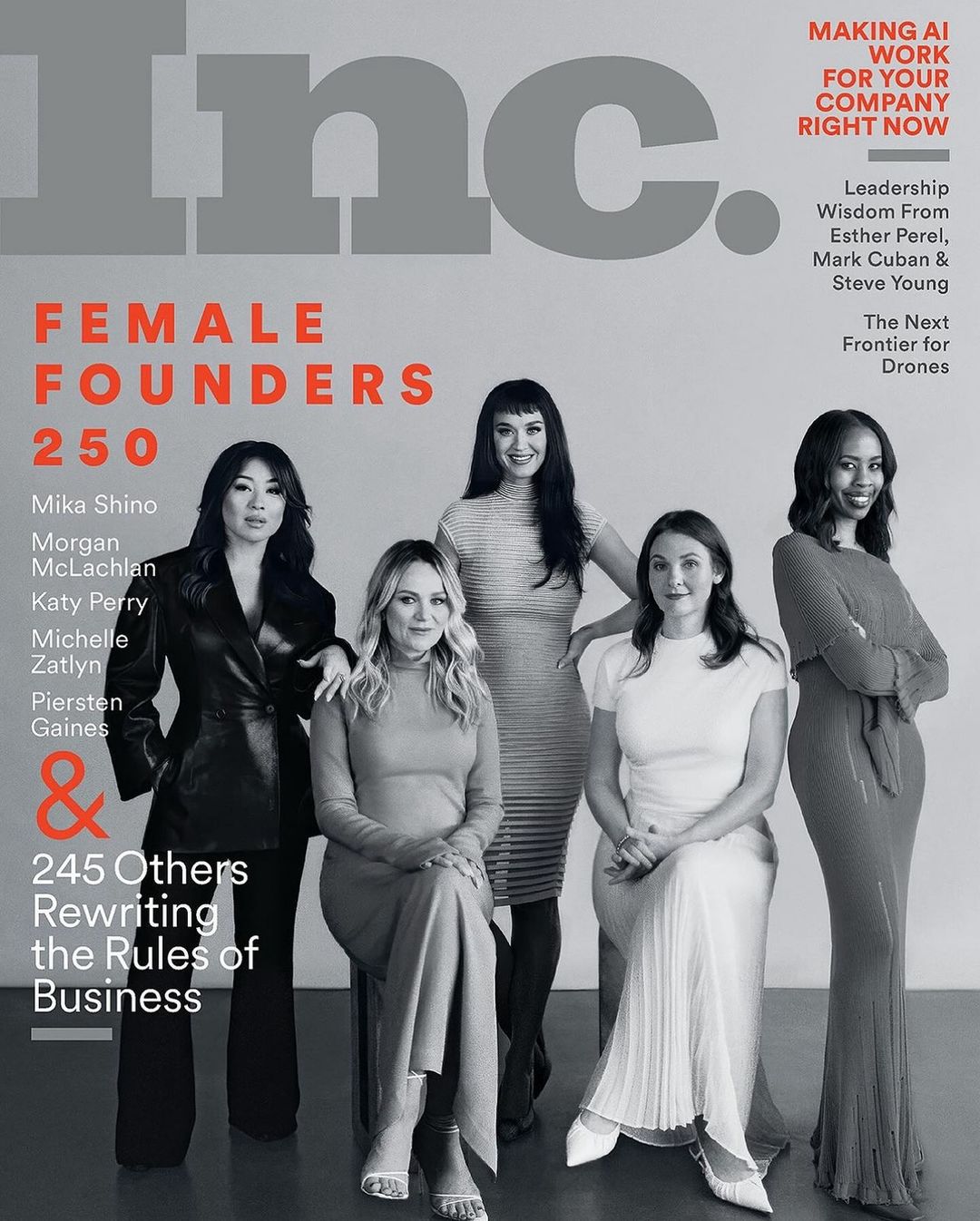 Inc. Magazine cover featuring five women founders in dresses and business attire against a grey backdrop with visible magazine text.