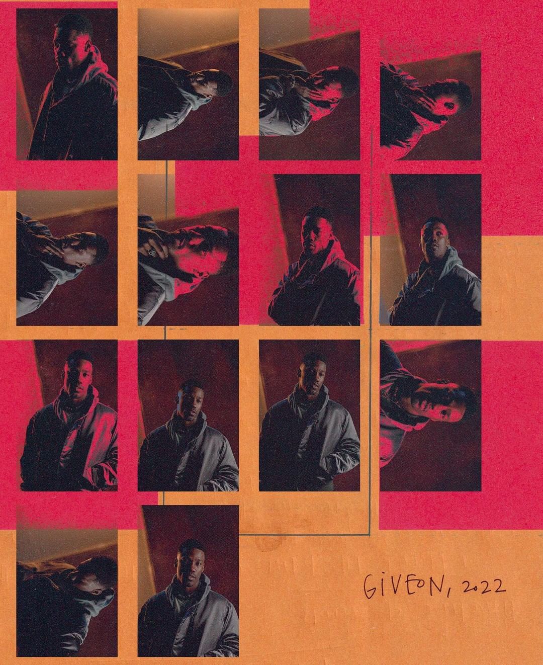 Man in a coat with artistic red lighting captured in multiple Polaroid photos arranged on an orange and red background with text.