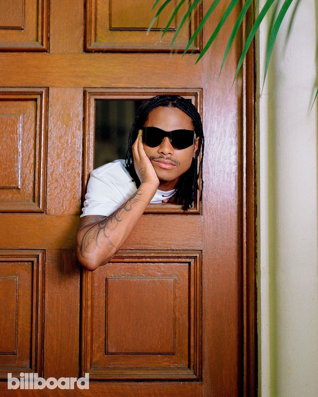 Man with dreadlocks, sunglasses posing in a doorway with hand on cheek; indoor shot with houseplant and 'billboard' logo. 