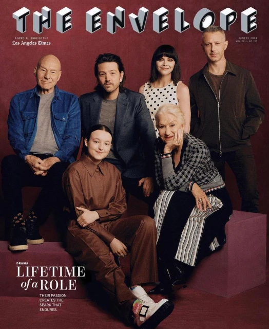 Group shot of actors on The Envelope cover, including Patrick Stewart, Diego Luna, Christina Ricci, Helen Mirren, and Jeremy Strong.