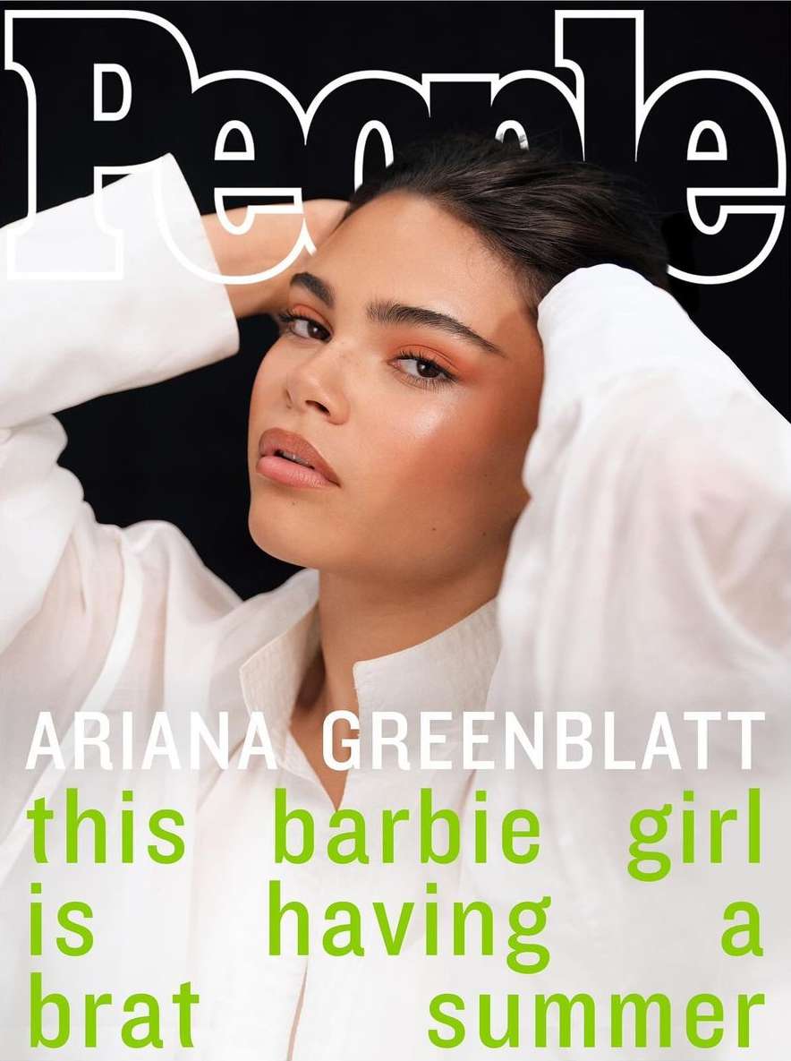 Portrait of Ariana Greenblatt on the cover of People magazine wearing a white collared shirt with black background and green text overlay.