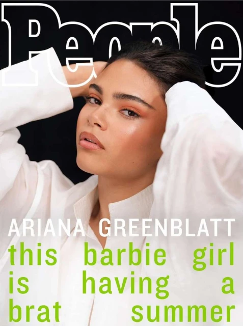 Portrait of Ariana Greenblatt on the cover of People magazine wearing a white collared shirt with black background and green text overlay.