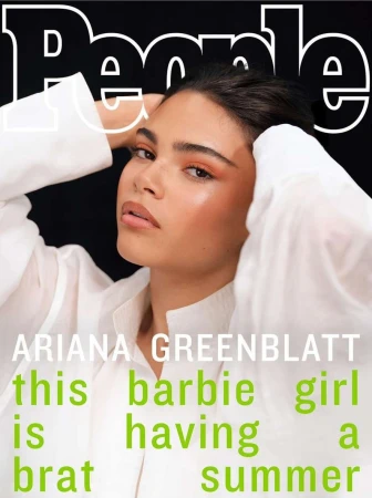 Portrait of Ariana Greenblatt on the cover of People magazine wearing a white collared shirt with black background and green text overlay.