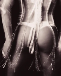 Rear view of a model in a sheer corset and white underwear photographed with long exposure blur effects