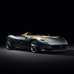 Grey sports car with yellow racing stripes parked against a dark black studio background