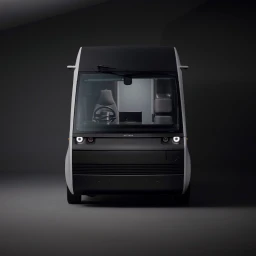 Front view of an electric delivery van in a dark grey studio setting photographed by Alex Howe