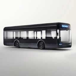 Sleek black city bus with illuminated destination board parked against a white seamless studio backdrop.