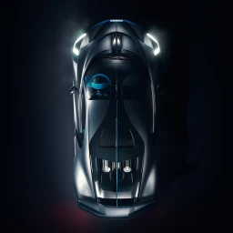 Top-down overhead view of a dark grey supercar with bright headlights and blue interior accents on black background