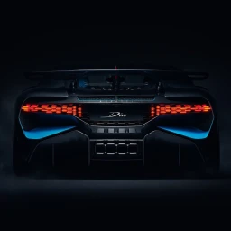 Rear view of a dark luxury sports car featuring illuminated red taillights and prominent blue intake vents in a dark studio setting.