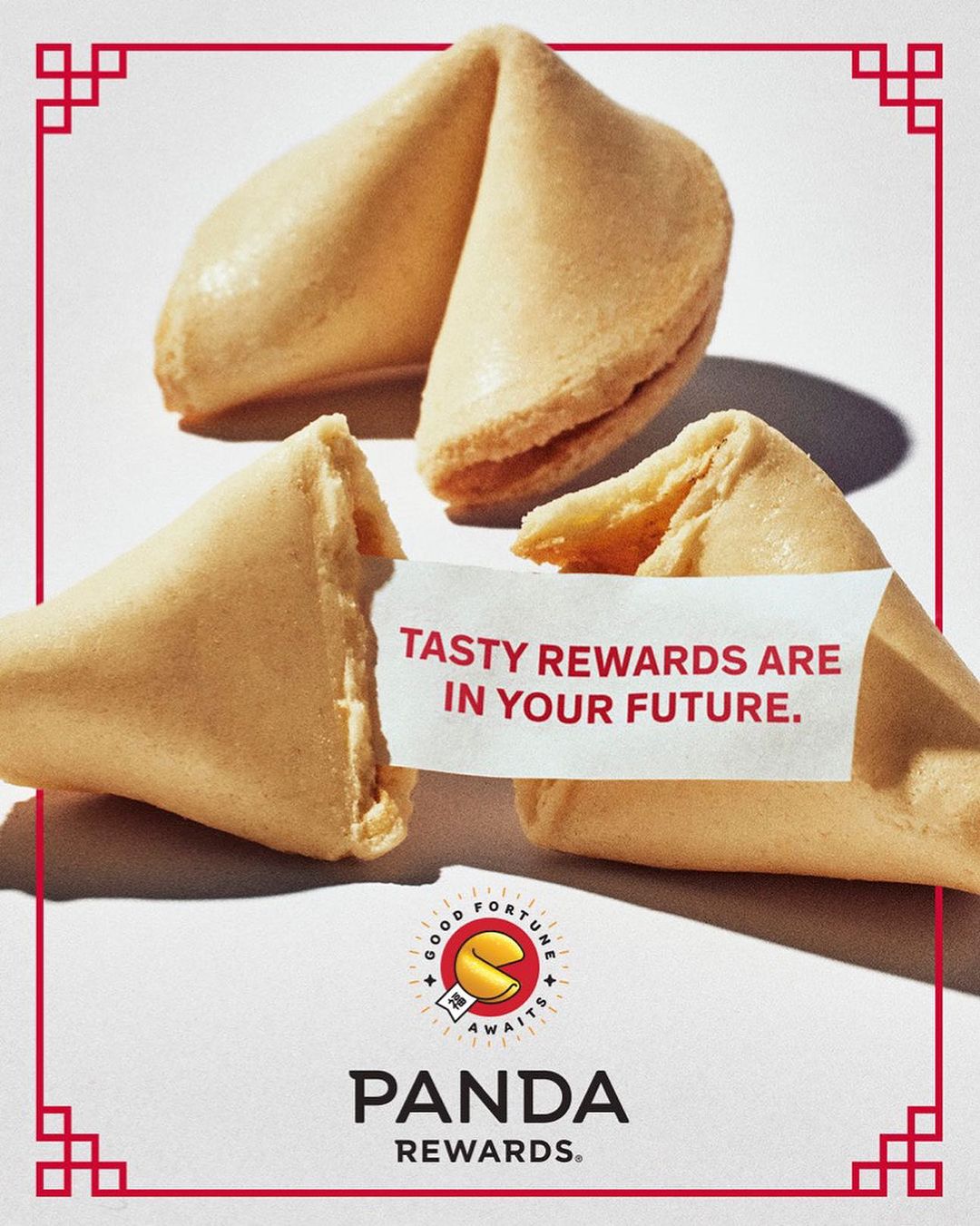 Two fortune cookies with paper insert visible against a white background with red decorative border, advertising Panda Rewards.