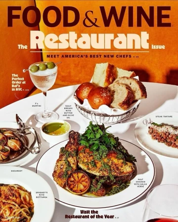 Food and Wine Restaurant Issue cover featuring an overhead shot of several dishes: chicken, pasta, steak tartare, bread, and a martini.
