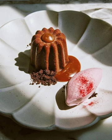 Close-up of a chocolate dessert with caramel sauce, chocolate crumbles, and pink sorbet on a decorative white plate under natural light.