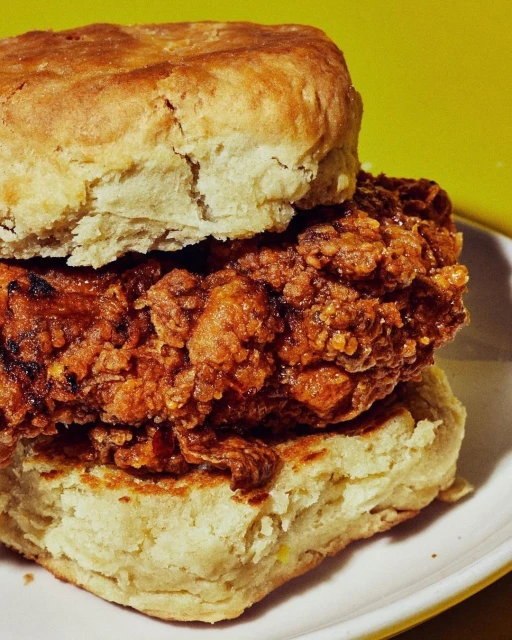 A close-up shot showcases a fried chicken biscuit sandwich, featuring a crispy chicken fillet between two golden-brown biscuits.
