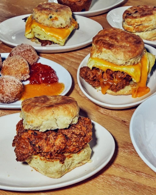 Close-up of several biscuit sandwiches with fried chicken and eggs on a wooden table, some with donut holes and jam.