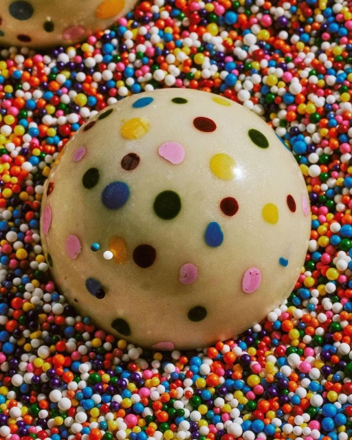 Close-up of a candy ball covered in colorful dots, sitting on a bed of multi-colored sprinkles. Food photography showcases a sugary treat.