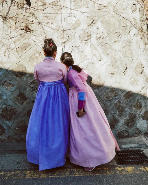Two girls in traditional Korean hanboks stand in the sunlight against a stone wall with climbing vines in an outdoor setting.