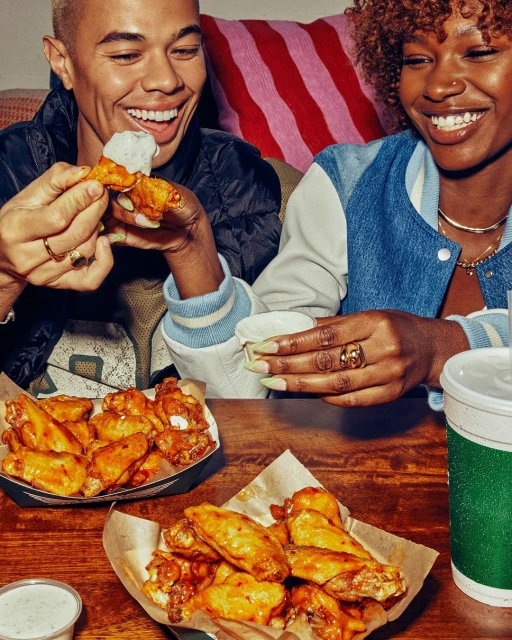 A smiling man and woman enjoy spicy chicken wings with dipping sauce at a wooden table in an indoor setting with bright lighting.