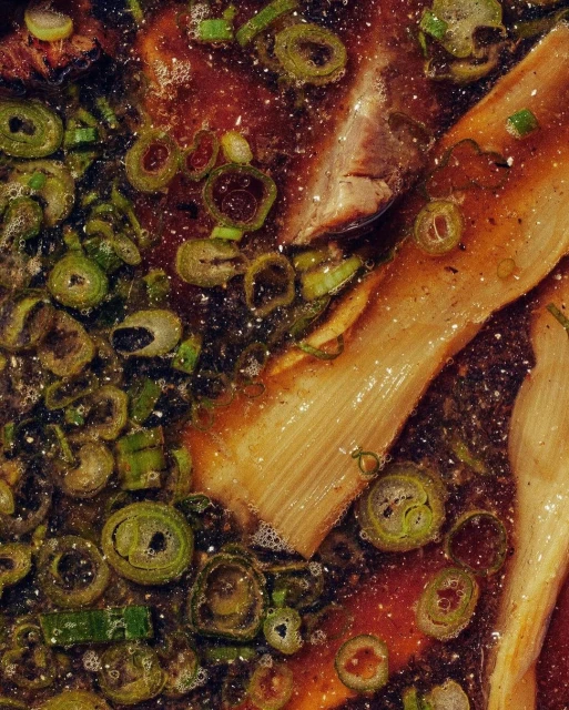 Overhead close-up of simmering broth with cuts of light brown meat, green onion scallions, and dark red-brown broth bubbling in a pot.