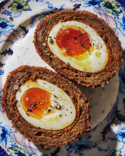 Halved Scotch egg on a floral plate with creamy sauce, showcasing a boiled egg encased in meat, sprinkled with black pepper.