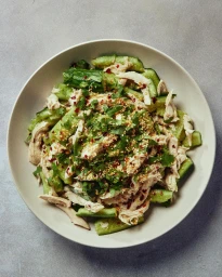 Top-down view of a bowl filled with shredded chicken and smashed cucumbers topped with herbs and chili flakes, photographed by Alex Lau.