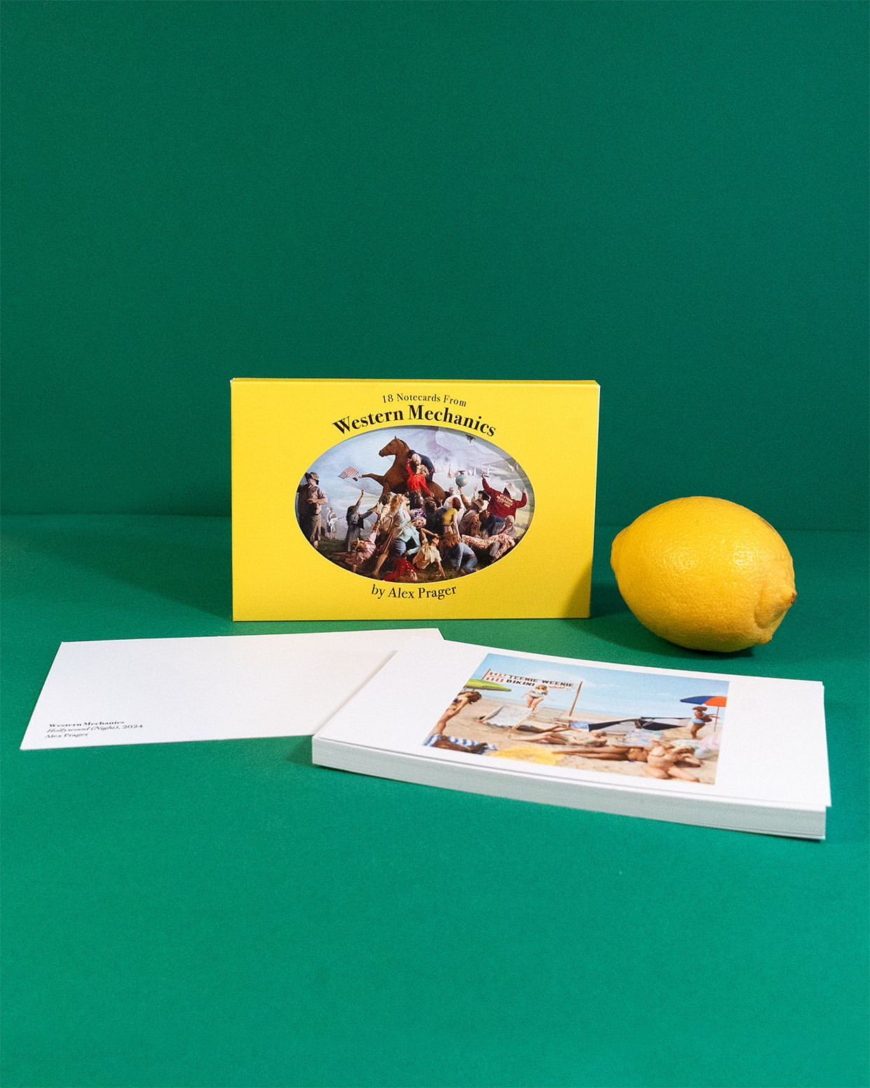 Alex Prager's 'Western Mechanics' card set with a yellow lemon, featuring an oil painting reproduction against a green backdrop.