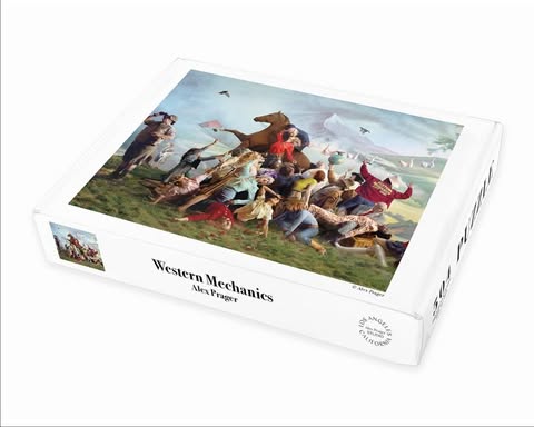 Puzzle box featuring a chaotic art scene with people and horses tumbling down a grassy hill, against a backdrop of mountains and sky.