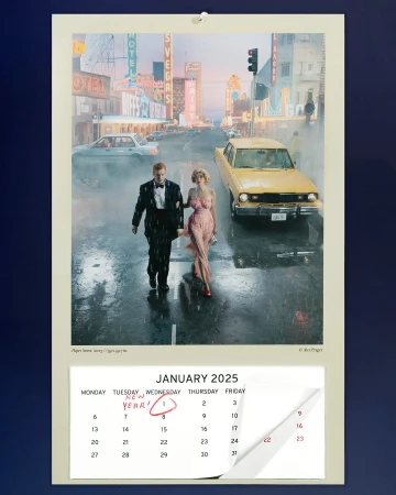 A calendar featuring a classic-style illustration of a couple walking in a city with vintage cars and lit signage at dusk, January 2025.