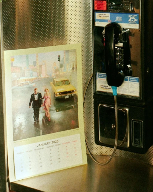 Calendar photo shows an elegantly dressed couple walking in the rain with a yellow car and buildings in the background, hanging next to a payphone.