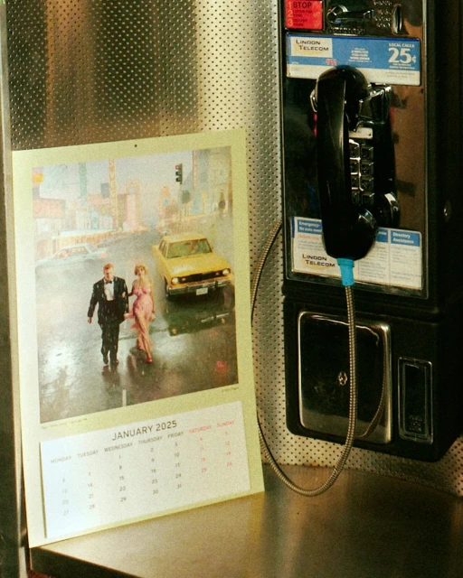 Pay phone with calendar showing January 2025 featuring an illustration of a couple and a yellow car on a wet city street.