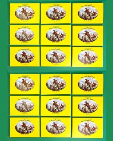 Multiple yellow boxes with a vintage Western illustration of cowboys riding horses in a group, arranged neatly on a green background.