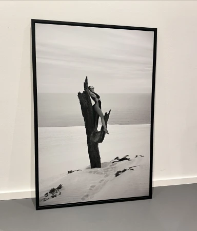 Framed black and white photograph of a woman posing on a weathered tree trunk in a sandy landscape with the ocean behind