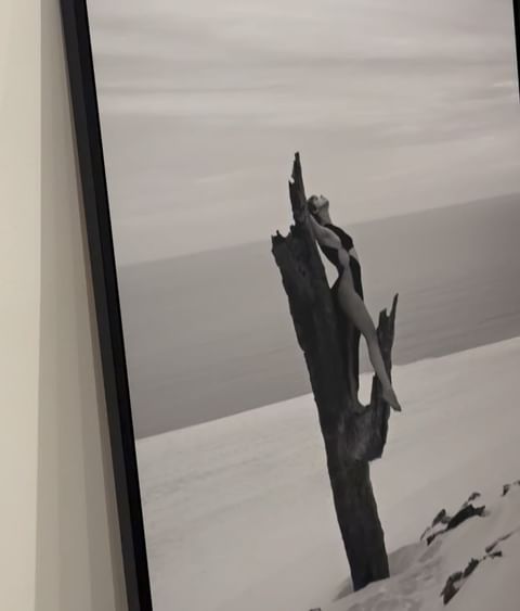 Monochromatic art photograph of an adult woman in a swimsuit posing atop a tree trunk on a sandy beach against an ocean backdrop.