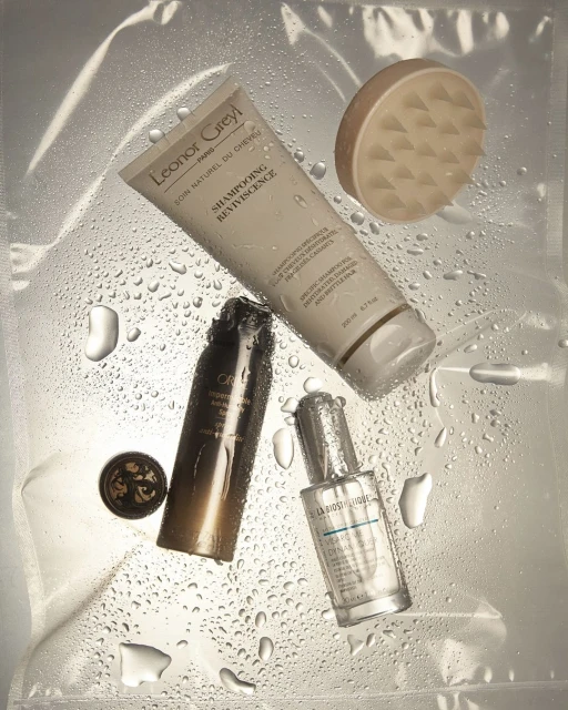 Still life of Leonor Greyl shampoo, Orbie hair product, and La Biosthetique styling oil on a clear, wet plastic surface.