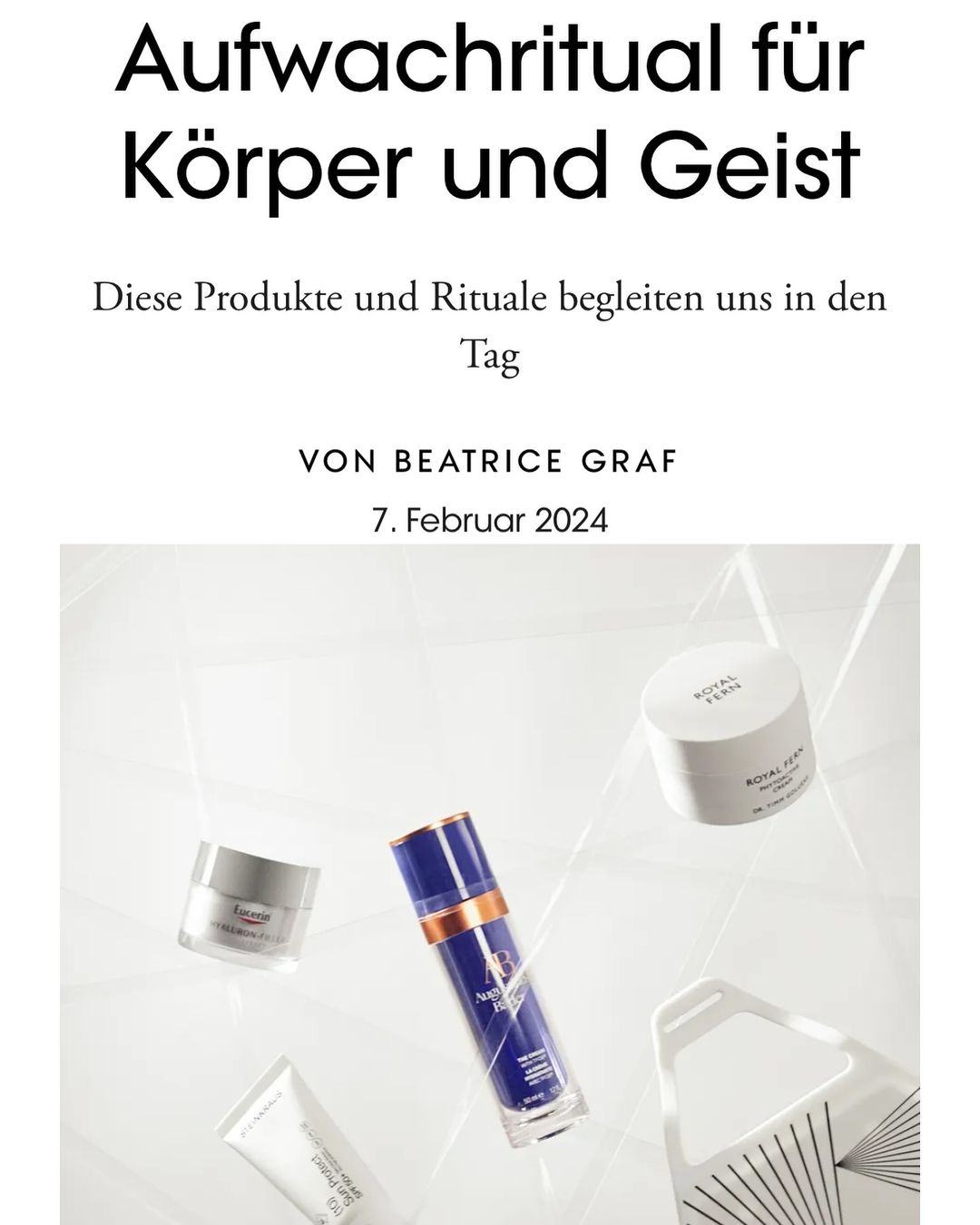 Still life of skincare products, including creams and serums, arranged on a glossy white surface with neutral lighting. Beauty concept.