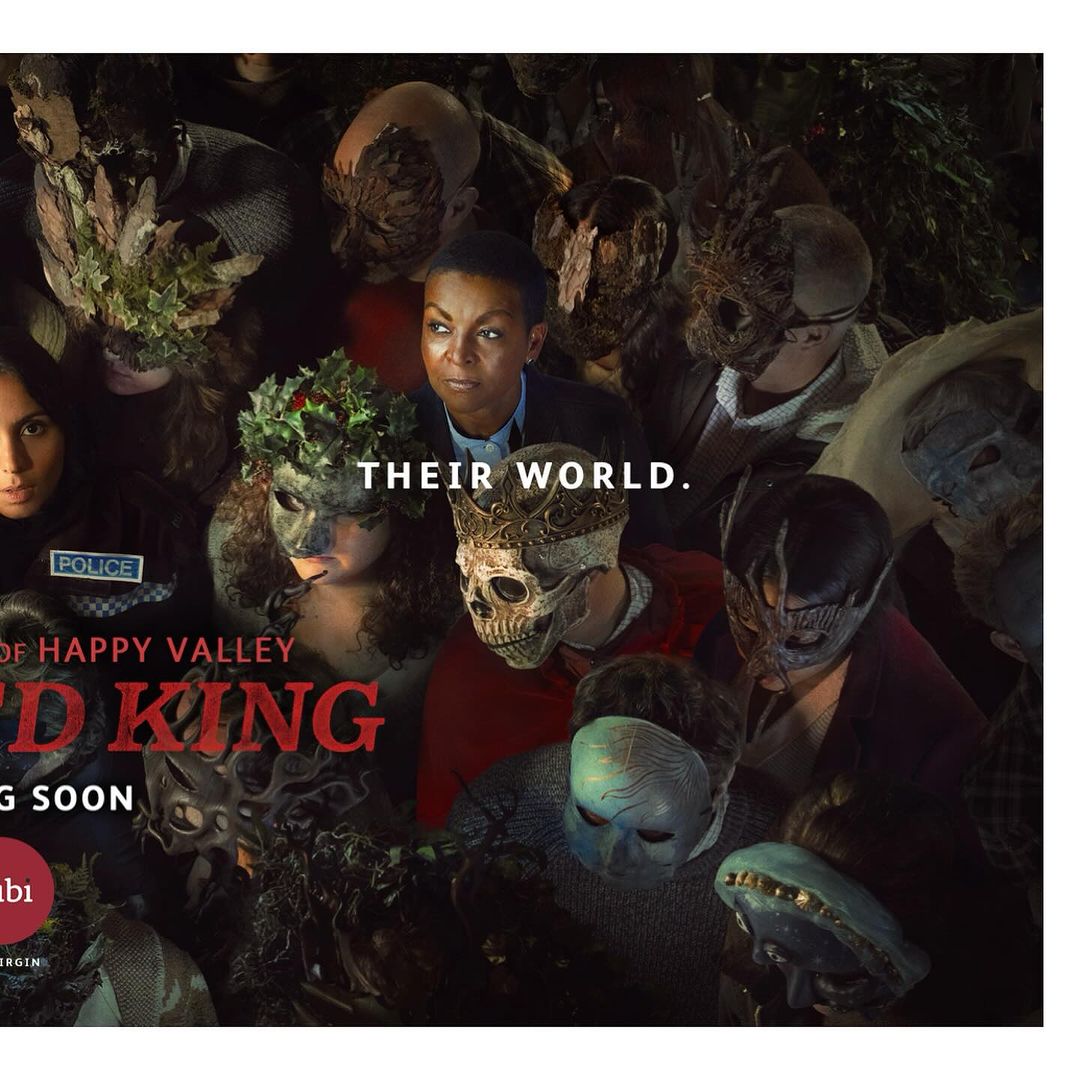 Poster featuring a diverse group of people in masks with dark, dramatic lighting, with text for the TV show 'Blood King' coming soon.