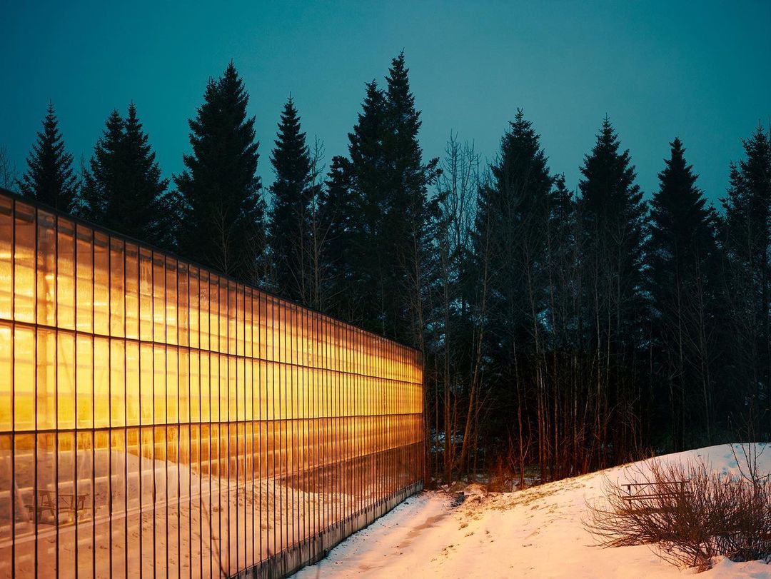 Exterior view of a modern building with warm interior lighting, set against a dark forest backdrop at dusk, creating a striking contrast.