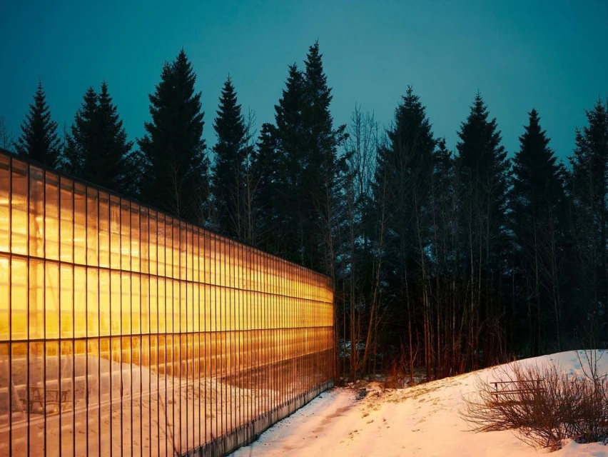 Exterior view of a modern building with warm interior lighting, set against a dark forest backdrop at dusk, creating a striking contrast.