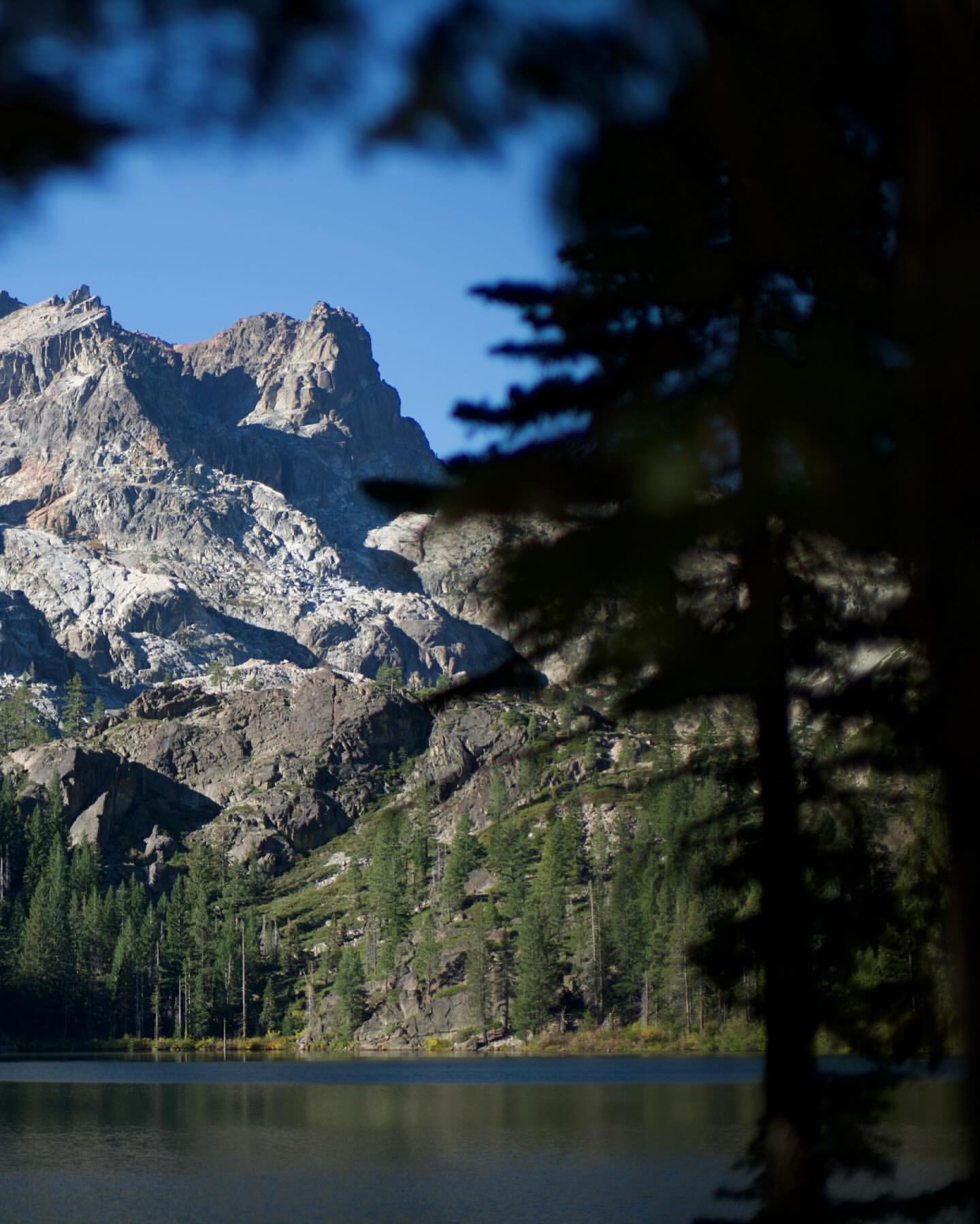 Scenic view of a rugged mountain range reflected in a calm lake surrounded by green trees, under a clear blue sky, framed by trees.
